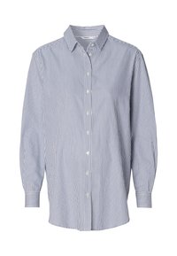 Gestreiftes langärmliges Hemd mit Knopfleiste in Blau und Weiß, mit klassischem Kragen und geradem Schnitt, aus glattem Stoff.