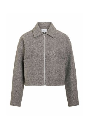 Graue kurze Jacke aus strukturiertem Stoff mit Frontreißverschluss, Kragen und zwei Fronttaschen. Einfaches und modernes Design.