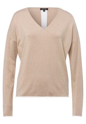 Beżowy sweter z dzianiny z długim rękawem i dekoltem w serek, o luźnym kroju i subtelnych prążkowanych mankietach.