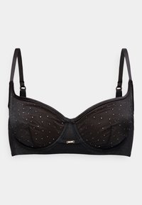 Μαύρο σουτιέν με ενίσχυση και λεπτές ρυθμιζόμενες τιράντες, κατασκευασμένο από διαφανές ύφασμα διακοσμημένο με μικρές λαμπερές στρας.