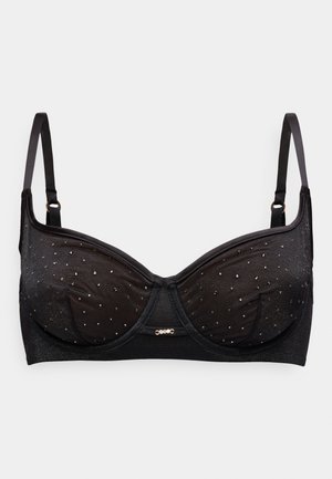 Schwarzer Bügel-BH mit dünnen verstellbaren Trägern und transparentem Stoff, der mit kleinen funkelnden Strasssteinen verziert ist.
