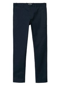 Chinos bleu marine coupe slim avec fermeture bouton et zip, poches latérales et passants pour ceinture, présentés à plat sur fond blanc.