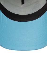 Cap with a light blue front, black visor, and gray mesh inside. Features stitching and a button on top. Smooth texture and structured shape.