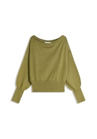 Pulover scurt, de culoare verde măslin, cu decolteu larg în stil barcă, mâneci tip balon și tivuri și manșete cu model rib. Textură moale și croi lejer.