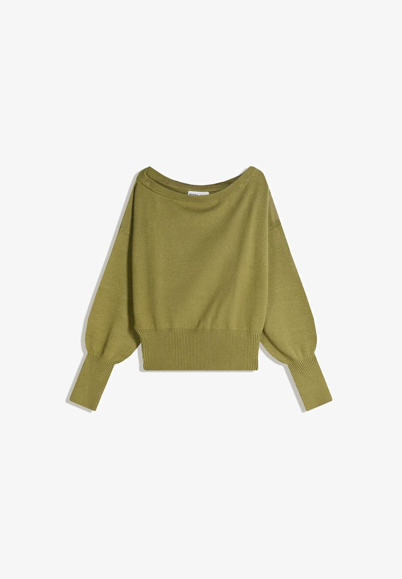 Pulover scurt, de culoare verde măslin, cu decolteu larg în stil barcă, mâneci tip balon și tivuri și manșete cu model rib. Textură moale și croi lejer.