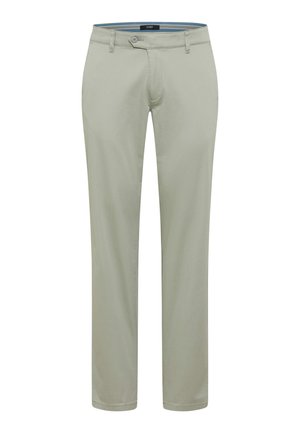 Hellgraue, gerade geschnittene Hose mit Knopf- und Reißverschluss, Gürtelschlaufen und sichtbaren Nähten auf weißem Hintergrund.