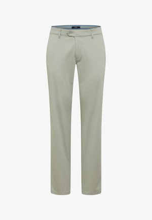 Hellgraue, gerade geschnittene Hose mit Knopf- und Reißverschluss, Gürtelschlaufen und sichtbaren Nähten auf weißem Hintergrund.