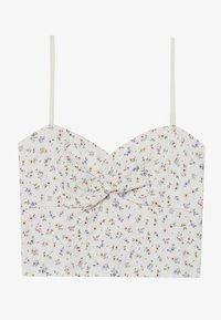 Top court floral avec des fines bretelles, présentant un détail noué à l'avant. Fabriqué en tissu léger avec une base blanche et des fleurs multicolores.