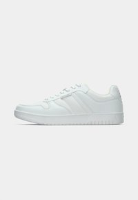 White athletic shoes made of synthetic material. Features smooth texture, rounded toe, lace-up design, and striped accents on the sides.
