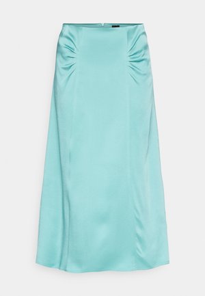 Krilo zova iz svetlo teal satenskega materiala, ki se ponaša s stranskimi naborki, ravno silhueto in gladko teksturo, skrito zadrgo na hrbtni strani.