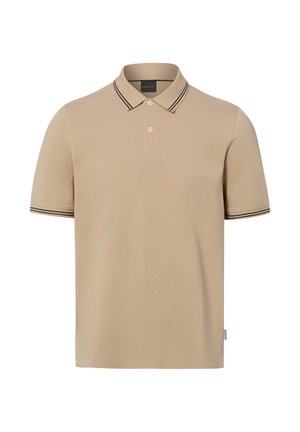 Beige kurzärmeliges Poloshirt mit Zwei-Knopf-Leiste und schwarzen Doppelstreifen am Kragen und an den Ärmelrändern.