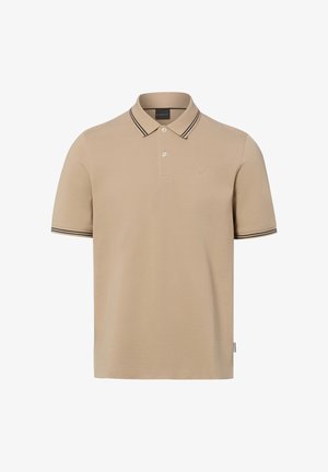 Beige kurzärmeliges Poloshirt mit Zwei-Knopf-Leiste und schwarzen Doppelstreifen am Kragen und an den Ärmelrändern.