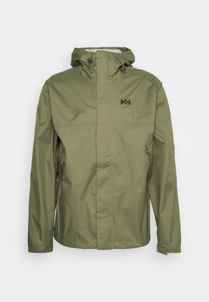 Waterproof green jacket with a fitted hood, front zip, and two side pockets. Features a minimal logo on the upper left side.