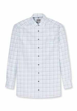 White long-sleeve button-up shirt with blue and black grid pattern and a chest pocket, laid flat with collar and cuffs visible.
