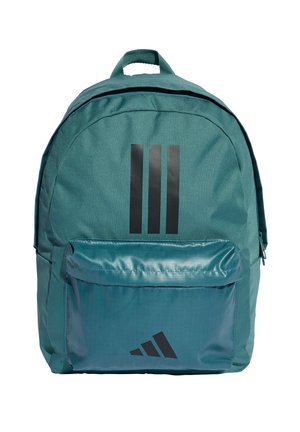 Zaino turchese con tasca anteriore con zip, caratterizzato da tre strisce verticali nere sul corpo principale e logo Adidas nero sulla tasca.