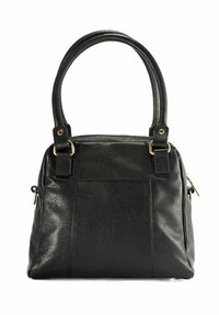 Czarna torebka skórzana o teksturowanej powierzchni z dwoma zaokrąglonymi uchwytami, złotymi akcentami, zamknięciem na zamek i usztywnionym prostokątnym kształtem.