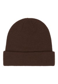 Brown knitted beanie hat, made of soft fabric, featuring a ribbed texture, rolled cuff, and a seamless top design.