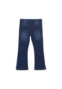 Denim wijde jeans met een diepblauwe wassing, voorzien van twee achterzakken met decoratieve stiksels en een tailleband. Zachte textuur overal.