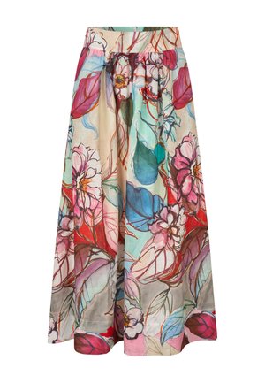 Floral maxi skirt in lightweight fabric. Features colorful flower patterns in reds, pinks, and greens on a beige background. Elastic waist.