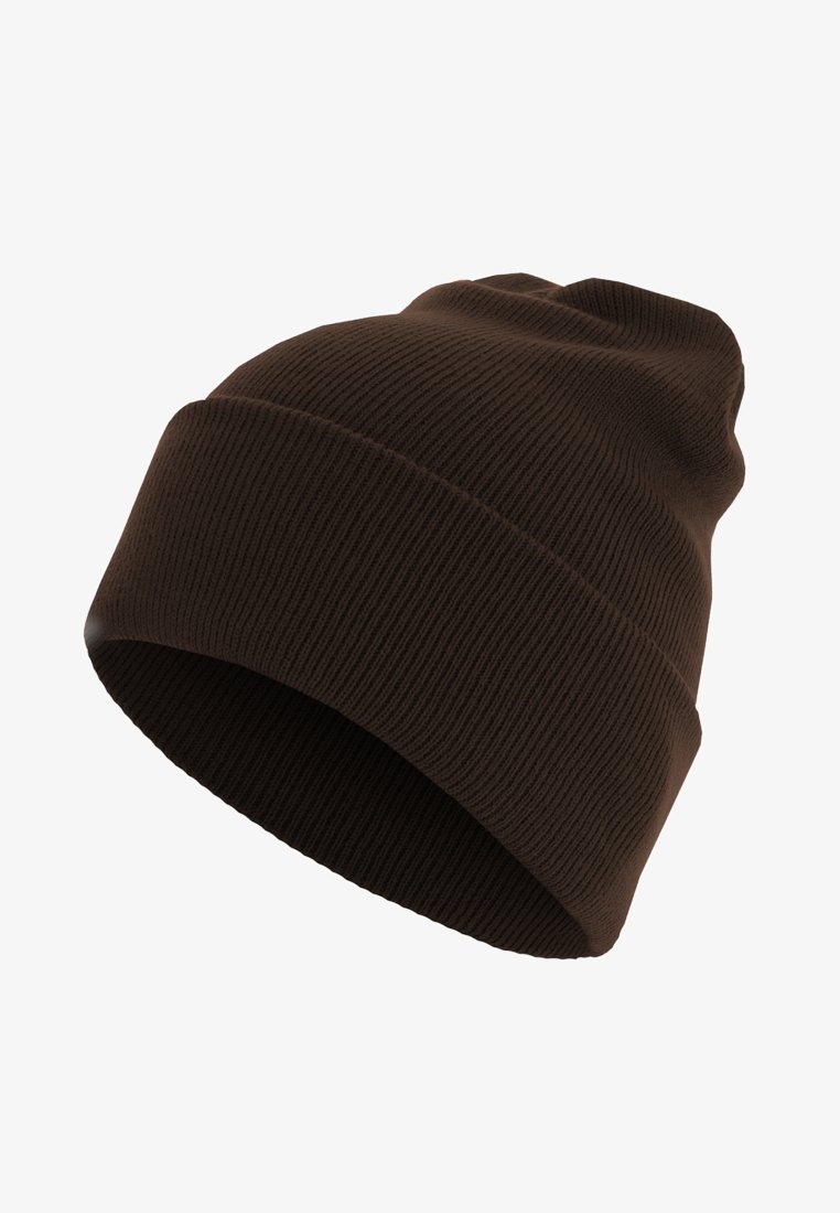 Brown knit beanie with a ribbed texture, featuring a folded cuff and rounded top. Made from soft, stretchy fabric.