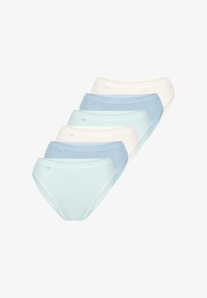 Baumwoll-Bikini-Slips in Hellblau, Aqua und Cremefarben. Verfügen über eine glatte Textur, einen elastischen Bund und ein kleines Logo-Detail.