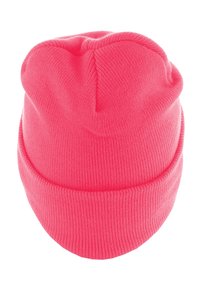 Bonnet tricoté rose vif avec revers, présenté à la verticale sur un fond blanc.