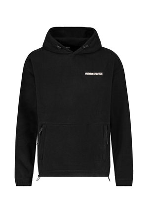 Black pullover hoodie with a front pocket, drawstring hood, and white "WORLDWIDE" logo. Soft fabric, long sleeves, and adjustable hem.