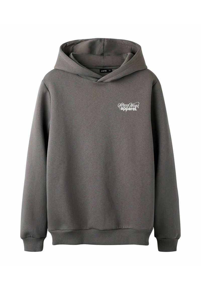 Grijze hoodie met het witte tekstlogo "Street Wear apparel" op de borst, geribbelde boorden en onderrand.