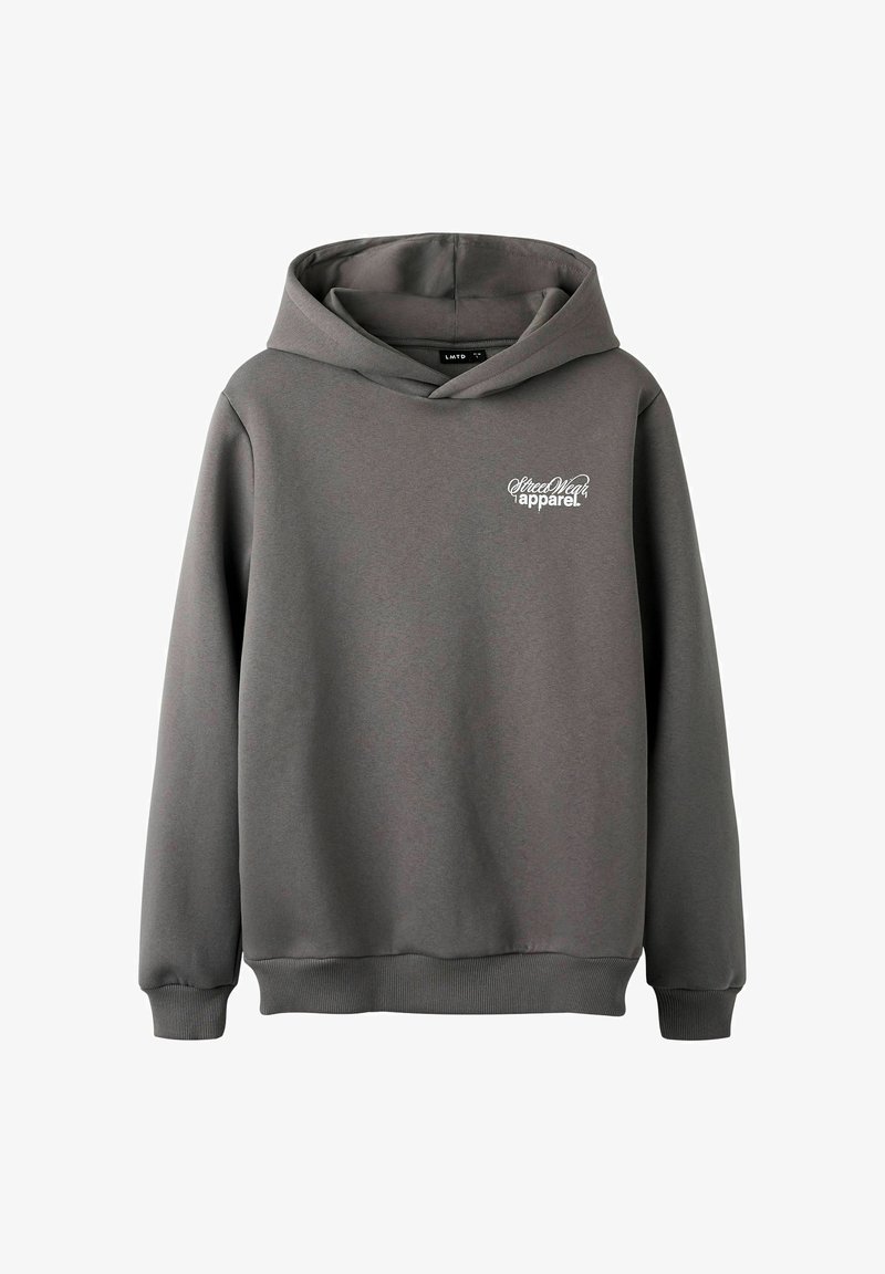 Felpa grigia con cappuccio e logo bianco "Street Wear Apparel" sul petto, polsini e orlo a costine.