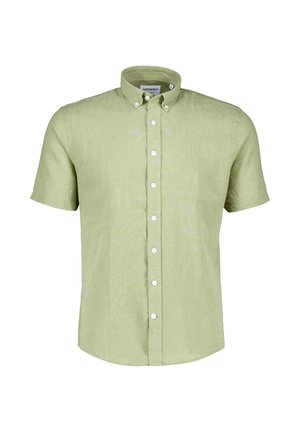 Camicia verde chiaro a maniche corte con bottoni, colletto abbottonato, bottoni bianchi e un motivo sottile della trama del tessuto.