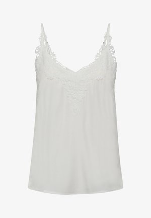 Camisola in raso bianco con dettagli in pizzo lungo il scollo a V e spalline regolabili. Tessuto morbido e silhouette a trapezio.