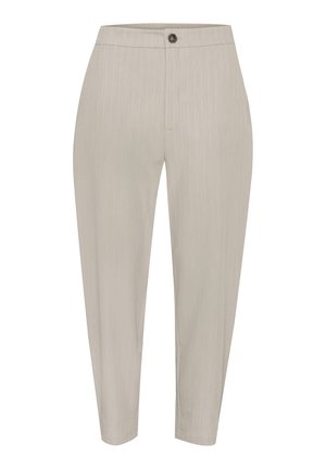 Pantalones de un beige claro con un patrón de rayas, textura suave, corte ajustado y cierre de botón en la cintura.