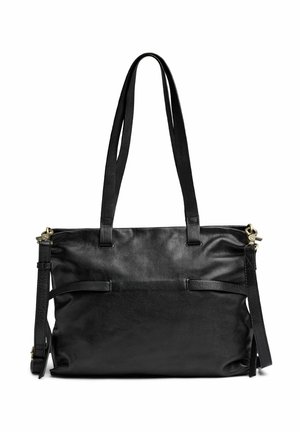 Borsa a tracolla nera in pelle con doppi manici, tracolla regolabile e delicati dettagli sul pannello frontale. Texture liscia e design minimalista.