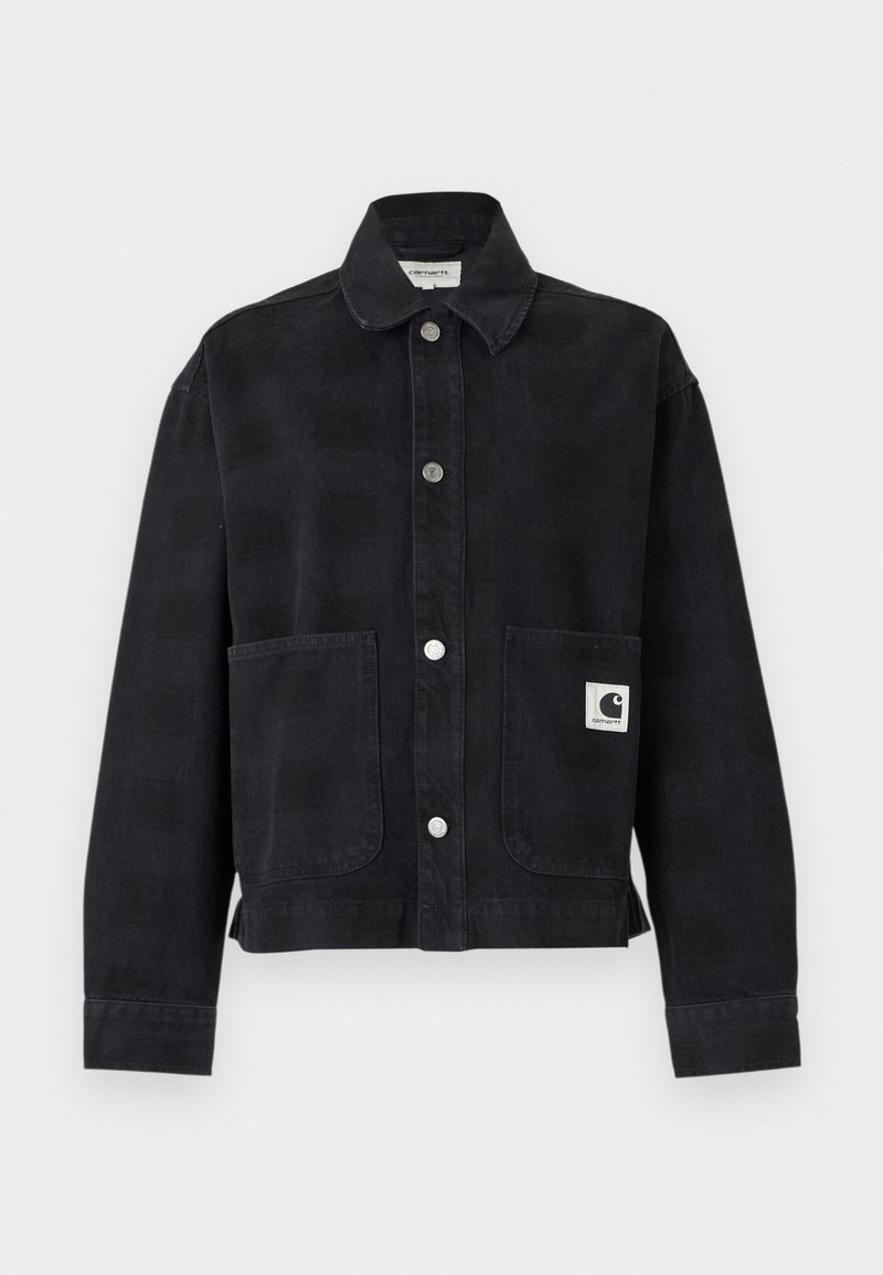 Black button-up jacket with a collar, long sleeves, two front pockets, and a logo patch on the right pocket.