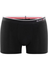 Boxer in cotone nero con vestibilità aderente, dotati di una cintura elastica a righe nero e bianche con dettagli rossi e il marchio "BLACKSPACE".