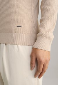 Maglione a maglia beige con tessuto testurizzato, polsini a coste e un piccolo logo argentato sul lato sinistro vicino all'orlo.