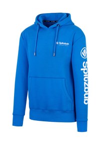 Blauwe hoodie van een katoenmix, met een voorkantzak, trekkoorden en witte logo-tekst op de mouwen en de borst.