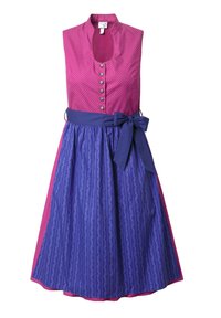 Vestido de manga corta con un top de lunares rosas y una falda con estampado floral morado. Presenta una cintura definida con un cinturón azul y detalles de botones.
