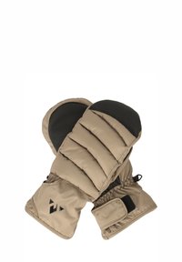 Beige polstrede vanter med sort struktureret håndflade, elastisk manschet og justerbar rem. Har tre vandrette quiltede sektioner.