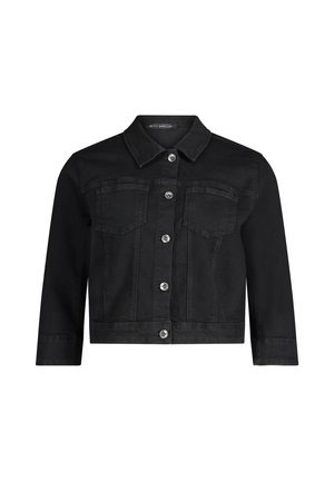 Veste en denim noir avec un col, manches longues, deux poches avant et fermetures à boutons. Présente un design court et une légère texture.
