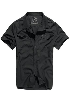 Black short-sleeve shirt made of smooth fabric, featuring a collar, button closure, two chest pockets, and subtle brand labeling.