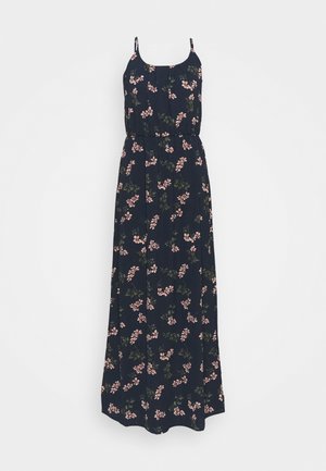 Vestido largo sin mangas azul marino con tirantes finos y un patrón floral rosa, con cintura ceñida y falda fluida.