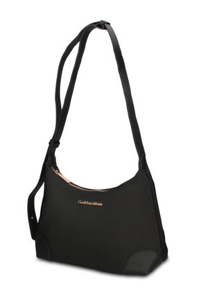 Sac à épaule noir avec sangle réglable, fermeture éclair dorée et logo doré "Gian Marco Venturi" sur le devant, avec des patchs texturés aux coins.