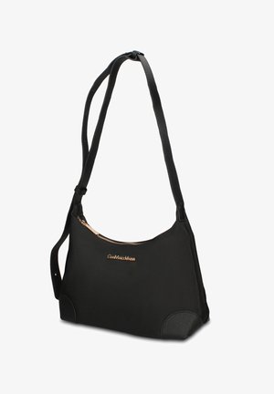 Sac à épaule noir avec sangle réglable, fermeture éclair dorée et logo doré "Gian Marco Venturi" sur le devant, avec des patchs texturés aux coins.
