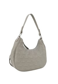 Borsa a spalla in pelle grigia con motivo logo impresso, forma curva e dettagli in metallo argentato. Presenta una tracolla corta e regolabile.