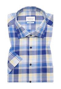 Camicia a maniche corte scozzese blu, gialla e bianca. Caratterizzata da un colletto a bottoni e da una tasca. Realizzata in un tessuto leggero.