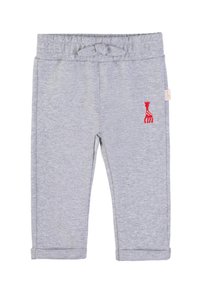 Pantaloni da ginnastica per bambini di colore grigio chiaro con cintura elastica, piccolo ricamo di una giraffa rossa sulla gamba destra e orli ripiegati.