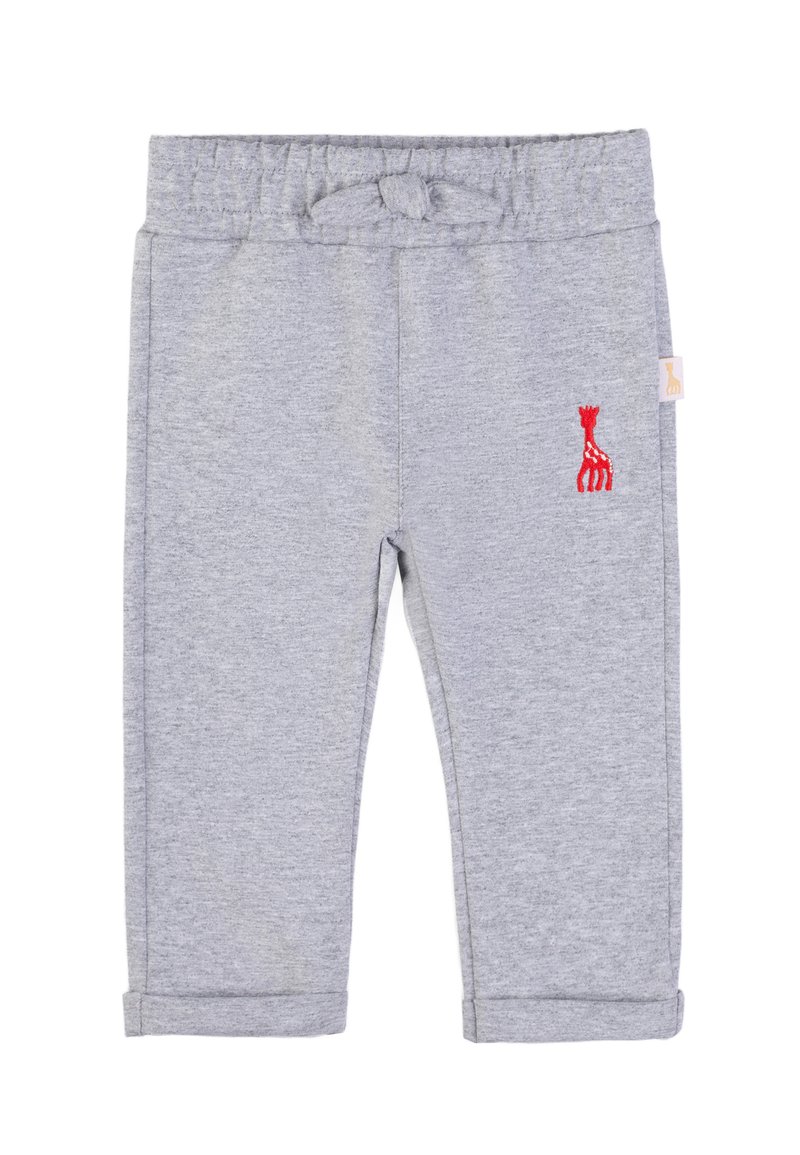 Pantaloni da ginnastica per bambini di colore grigio chiaro con cintura elastica, piccolo ricamo di una giraffa rossa sulla gamba destra e orli ripiegati.