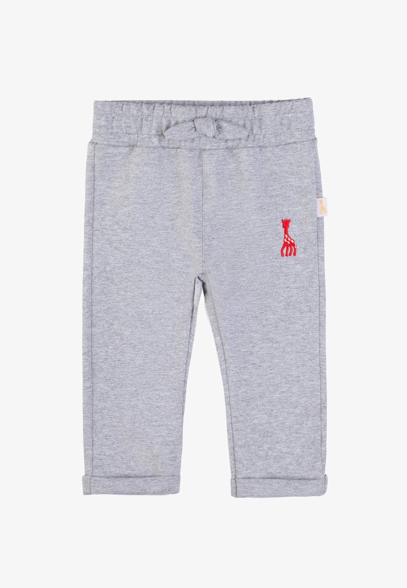 Pantaloni da ginnastica per bambini di colore grigio chiaro con cintura elastica, piccolo ricamo di una giraffa rossa sulla gamba destra e orli ripiegati.