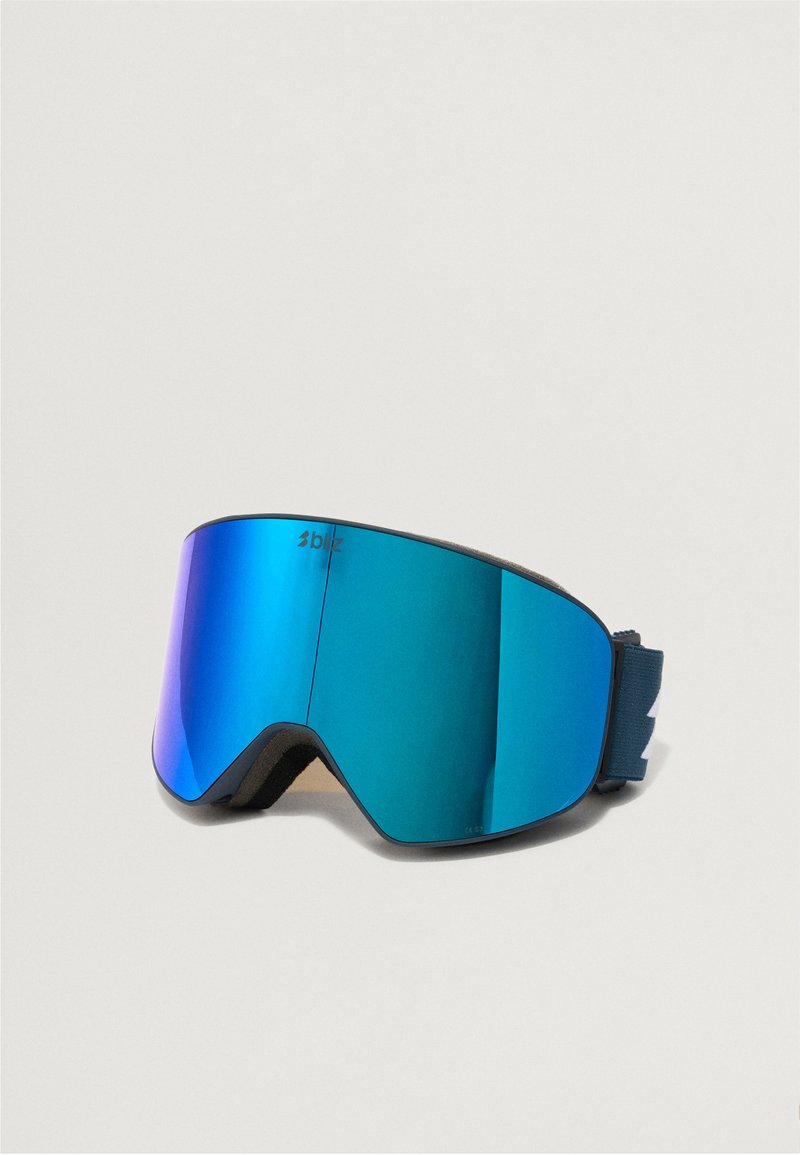 Gafas de esquí con una gran lente espejo azul, forro de espuma para mayor comodidad y una cinta ajustable de color azul oscuro que presenta un logo blanco.